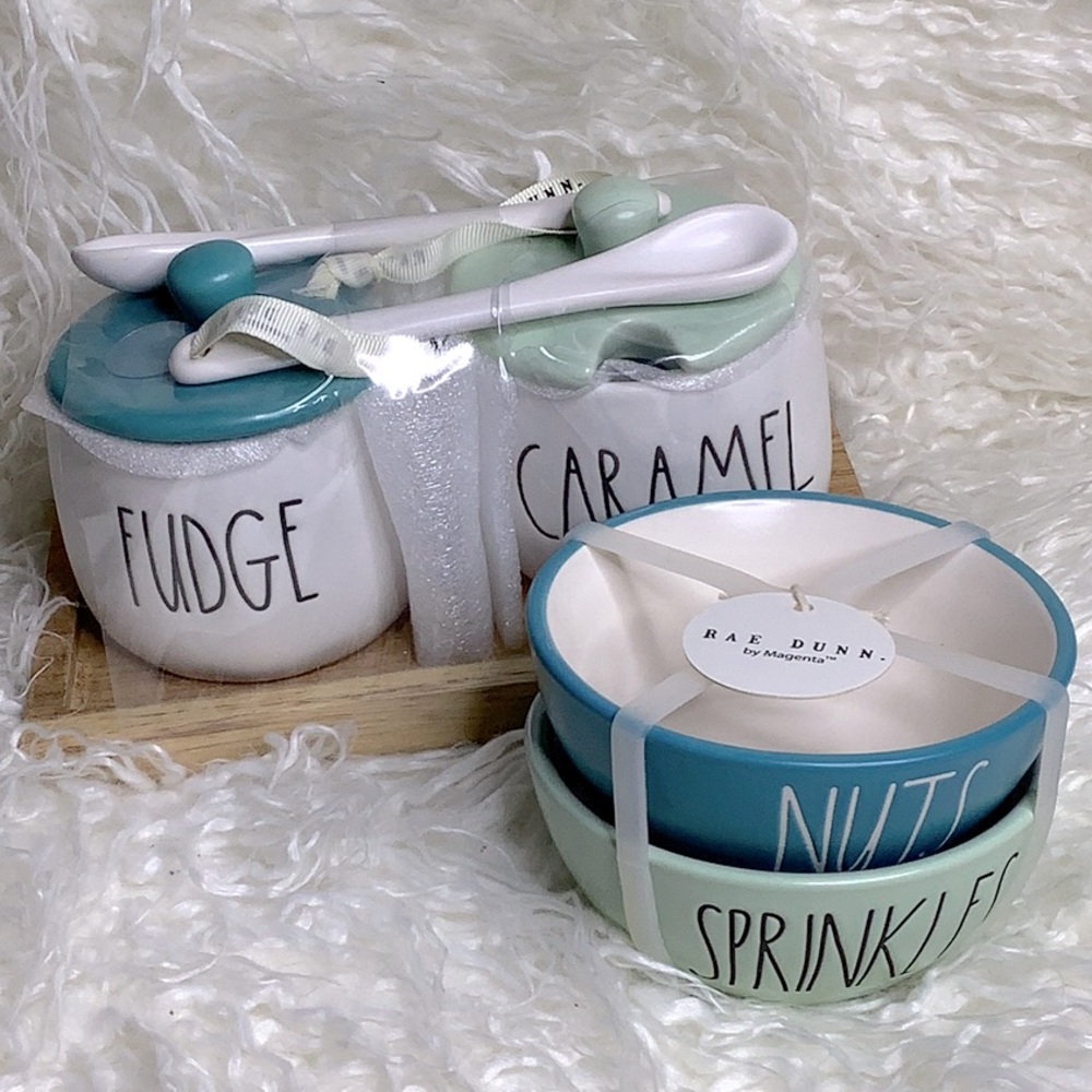 🆕 Rae Dunn Ice Cream Topping Bundle - Fudge, Caramel, Nuts, Sprinkles